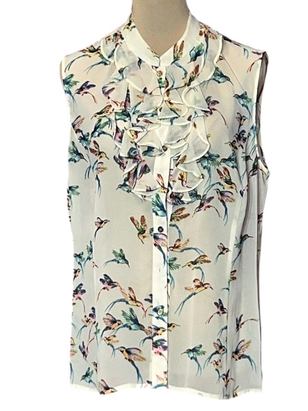 Tahari Ruffle Front Animal Print Blouse in Cream Large Like New